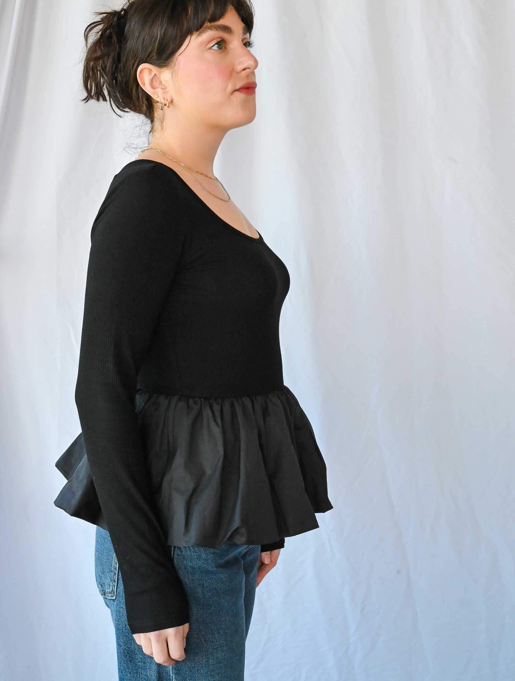 Scoop Neck Mixed Media Bubble Hem Top