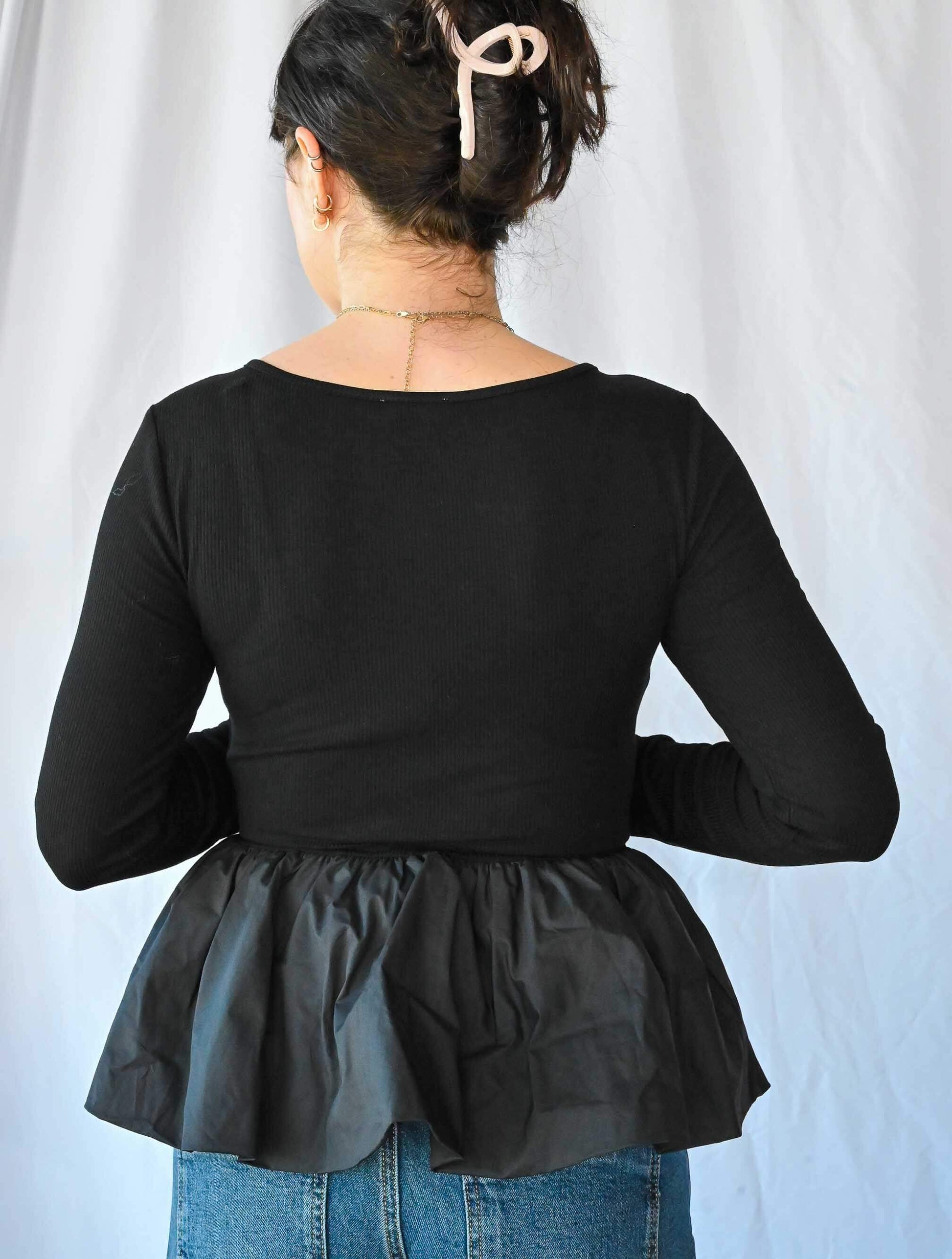 Scoop Neck Mixed Media Bubble Hem Top