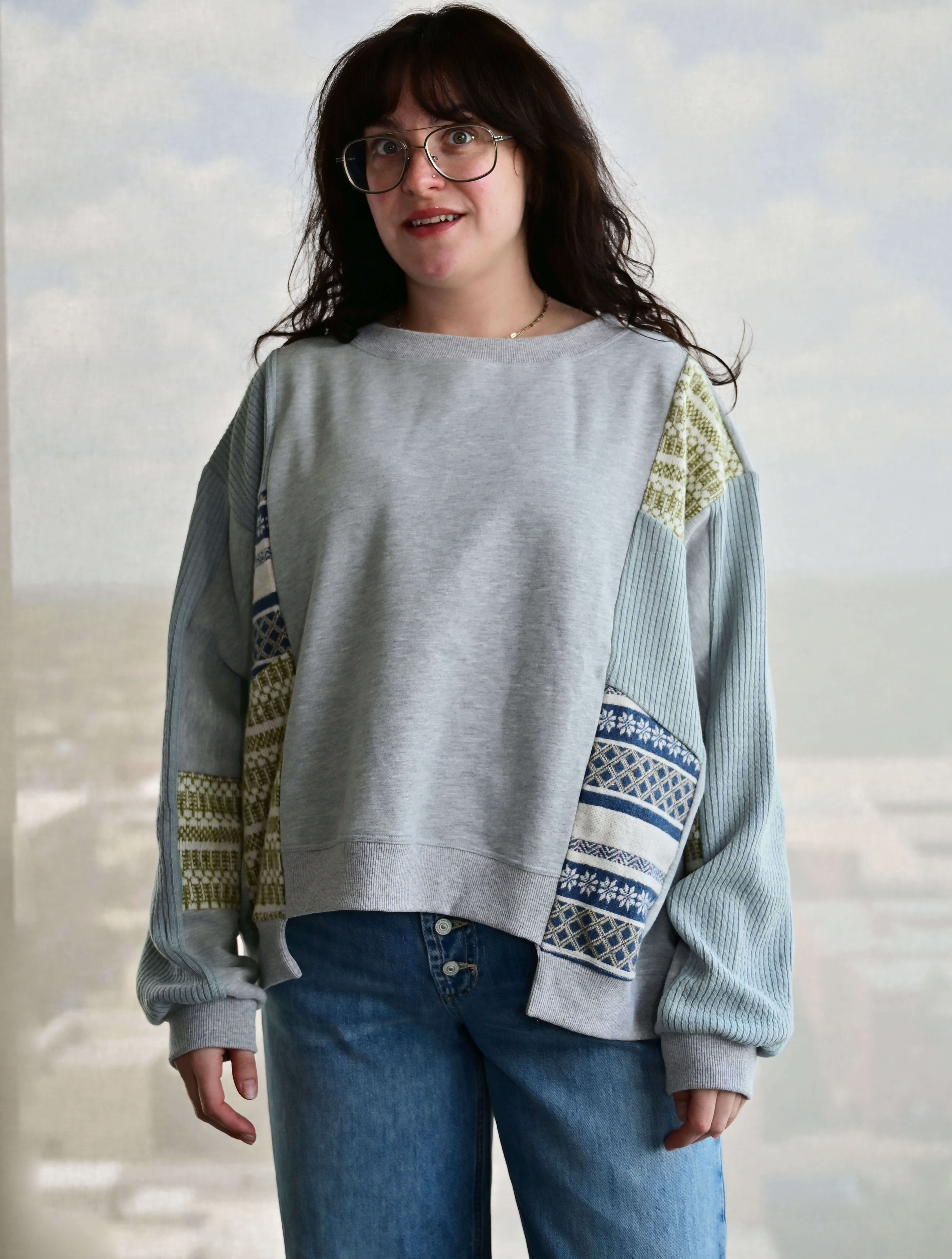 Mixed Media Boxy Split Hem Sweatshirt