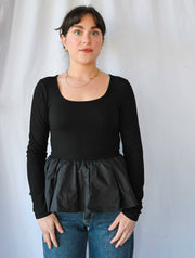 Scoop Neck Mixed Media Bubble Hem Top
