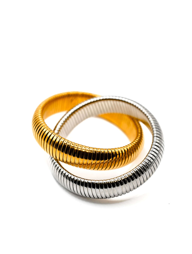 Two Tone Double Cobra Ribbed Bracelet in Gold/Silver