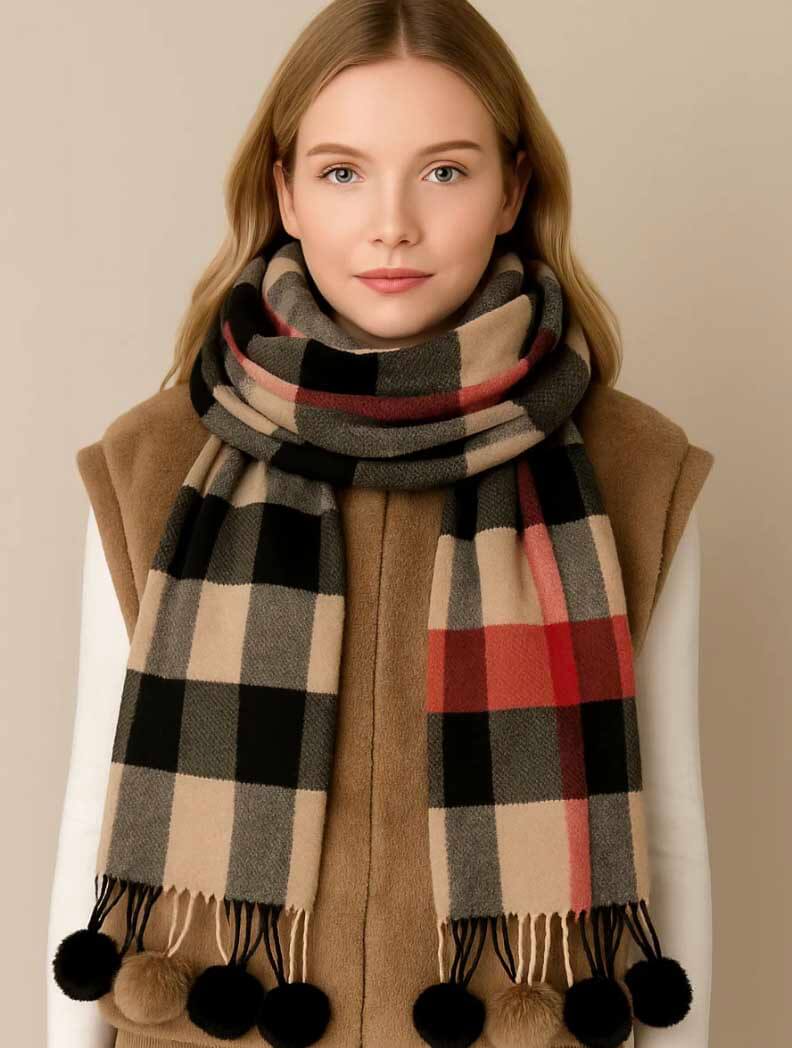 Plaid Scarf with Poms