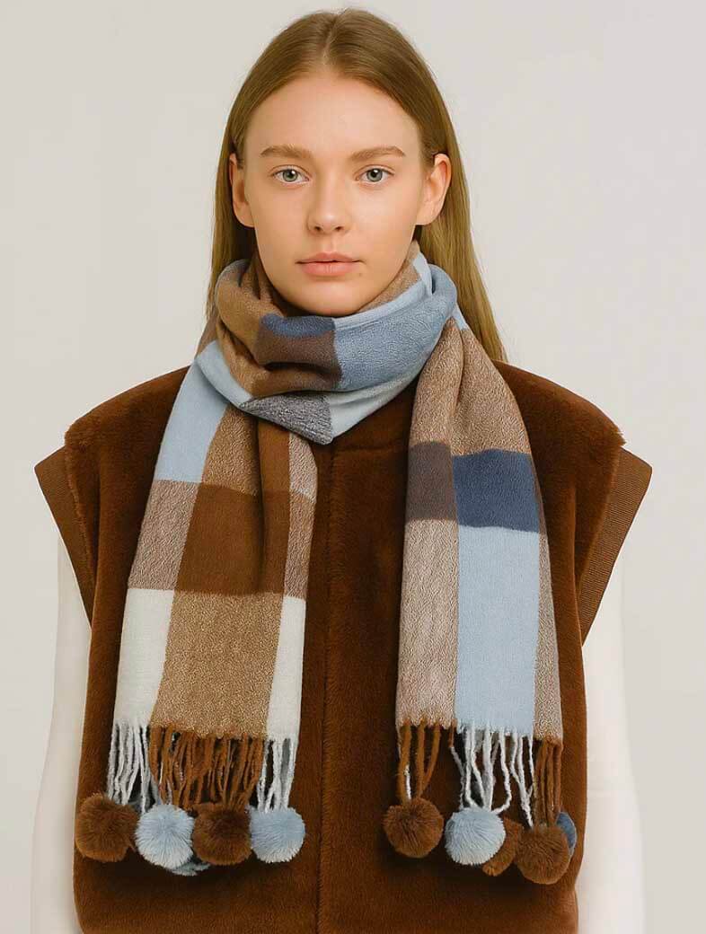 Plaid Scarf with Poms