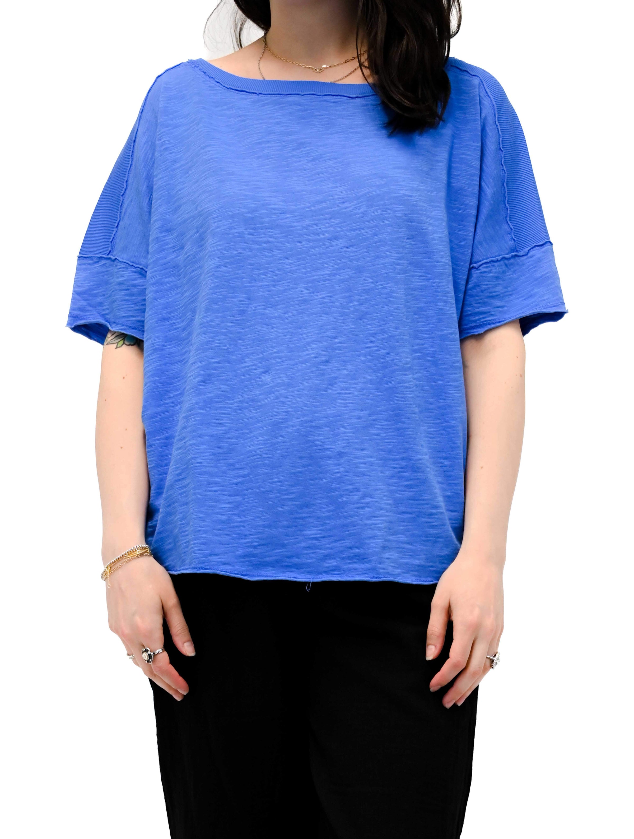 Short Dolman Sleeve Boatneck Top in Blue Cruise