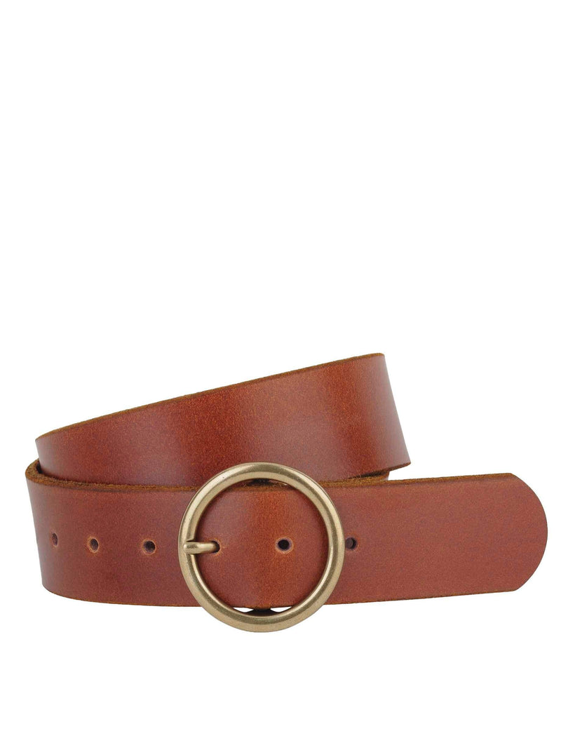 Wide Brass Ring Buckle Leather Belt