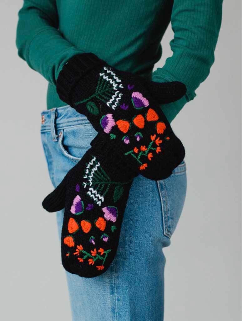 Hand Stitched Floral Knit Mittens