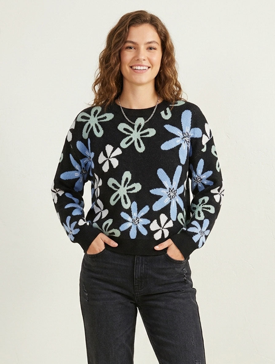 Floral Intarsia Crewneck Sweater