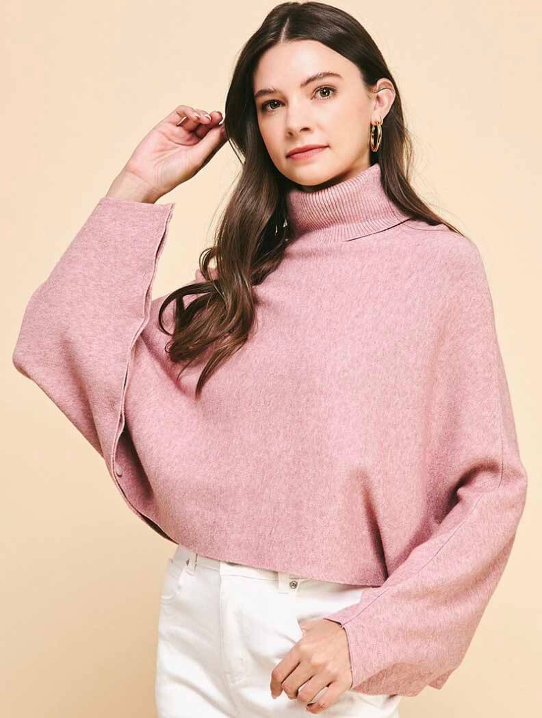 Turtleneck Raglan Sleeve Sweater with Button Detail