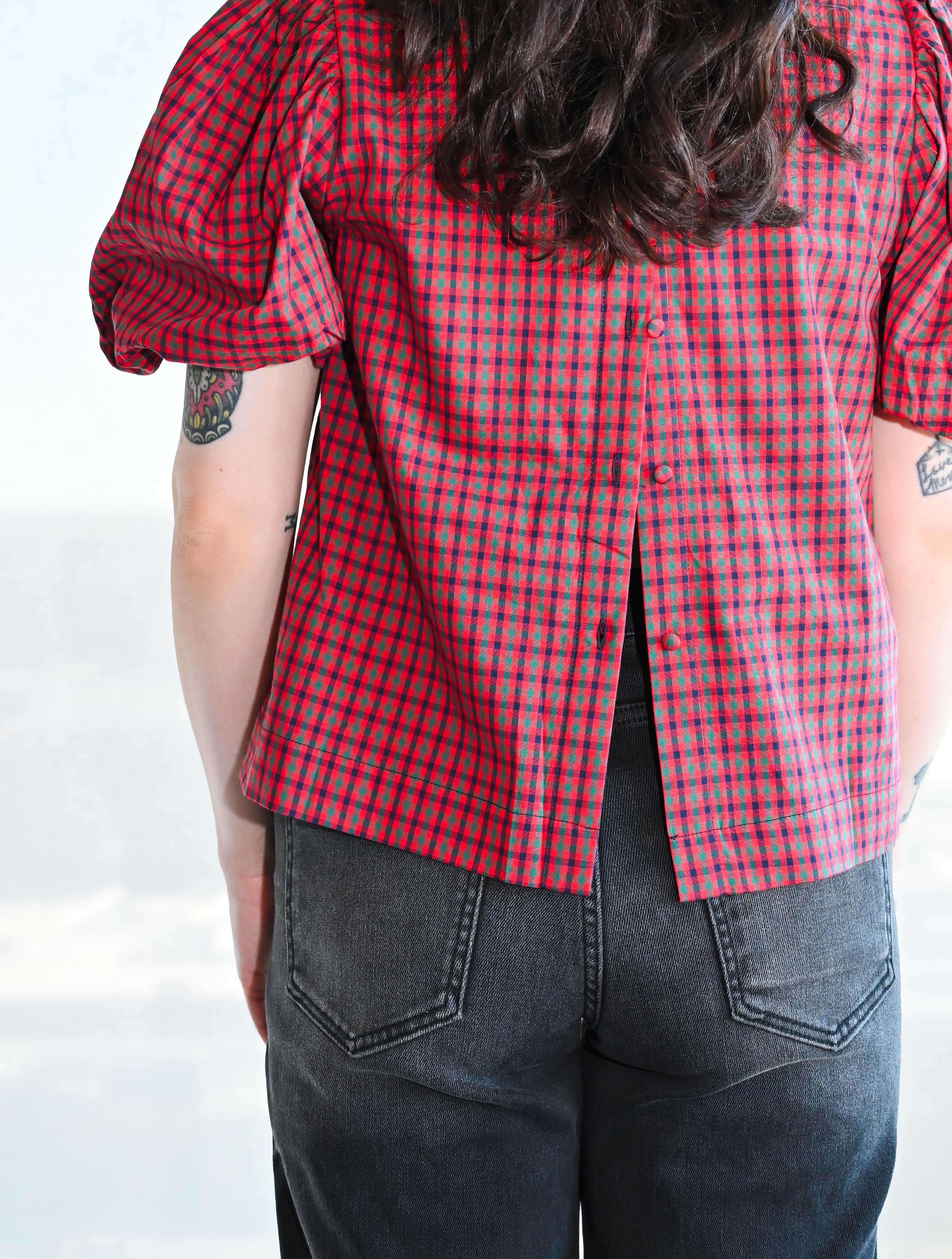 Plaid Ruffle Mock Neck Blouse