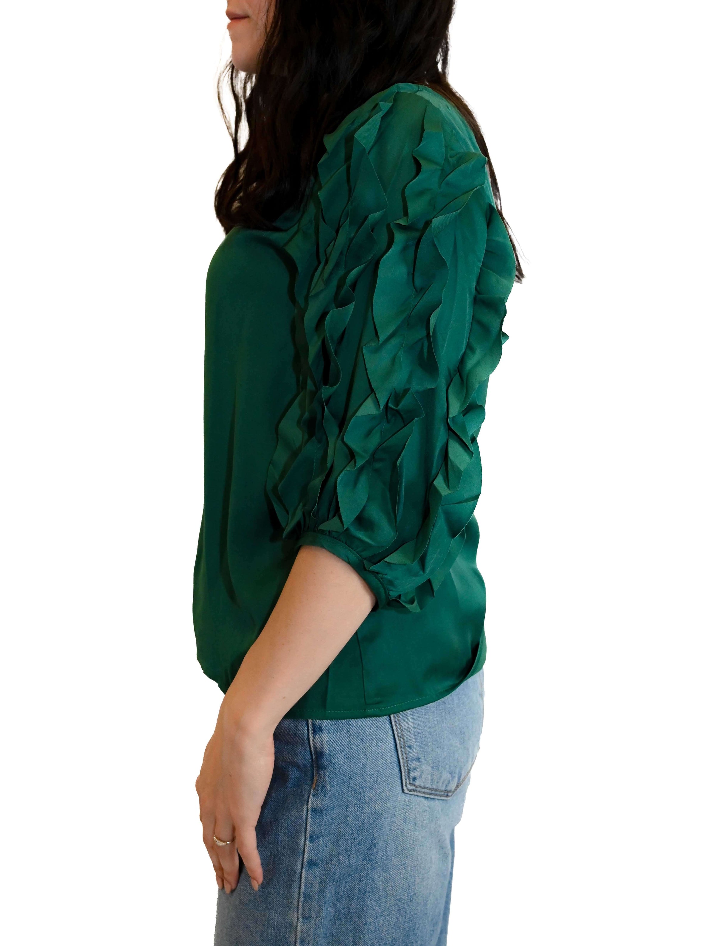 Silky Satin Ruffle Trip 3/4 Sleeve Top