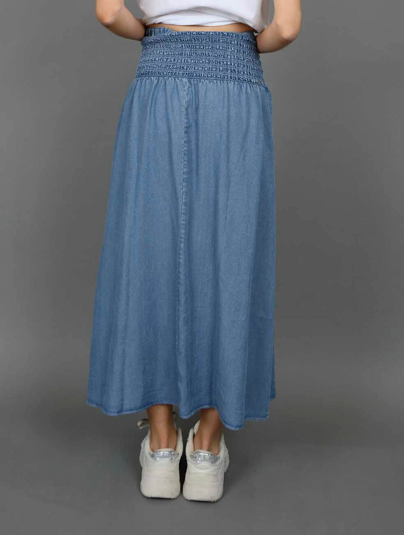 Suzanne Tencel Shirred Skirt in Mid Blue