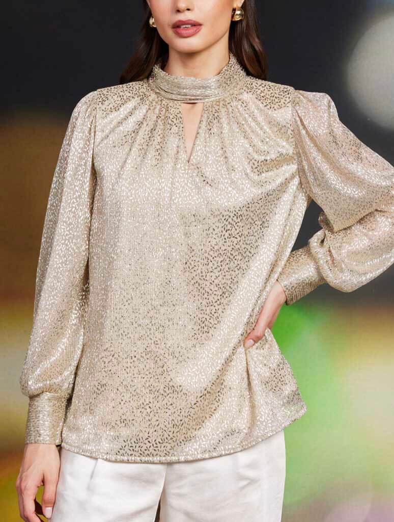 Lurex Shirred Keyhole Blouse