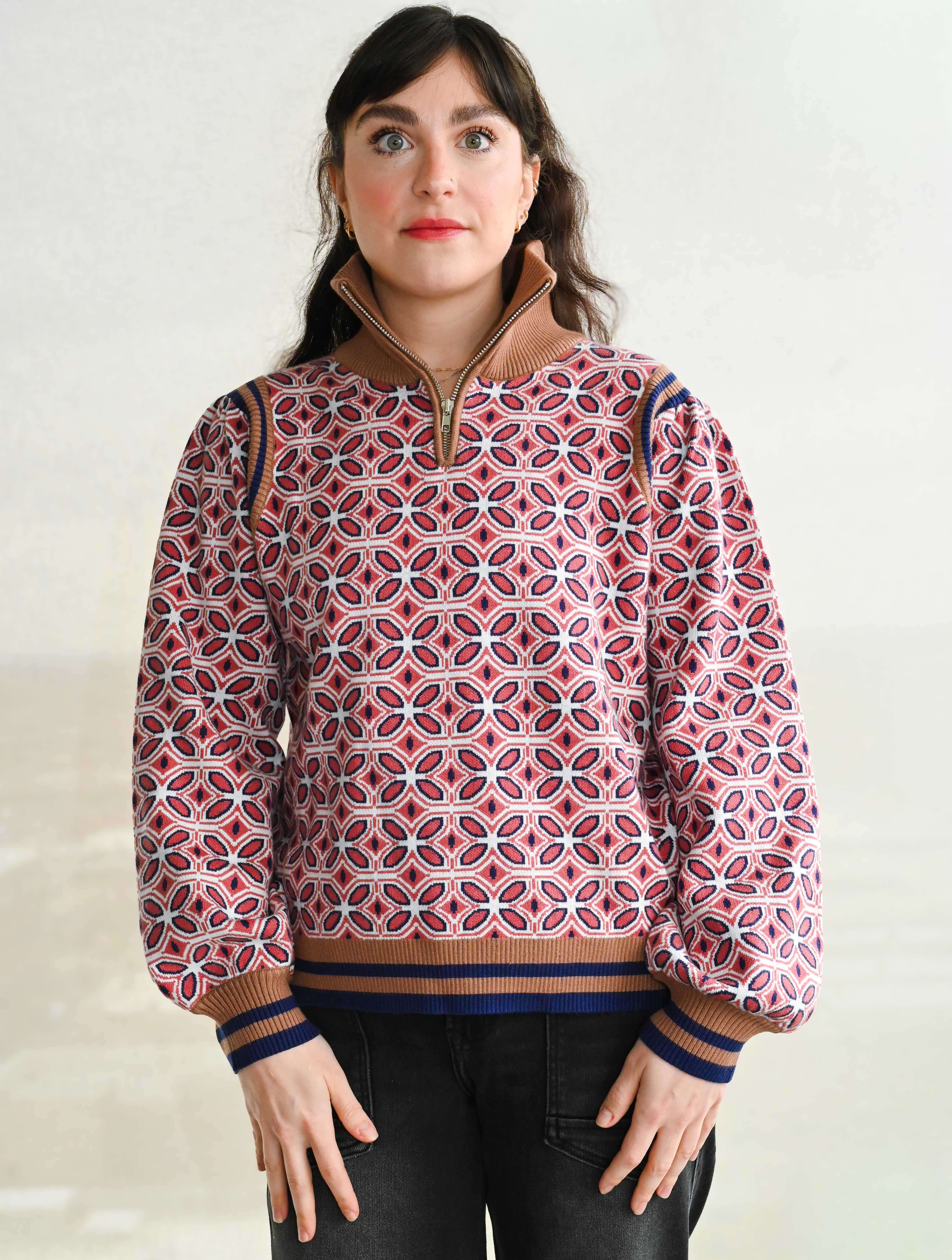 Zippered High Neck Striped Rib Band Sweater