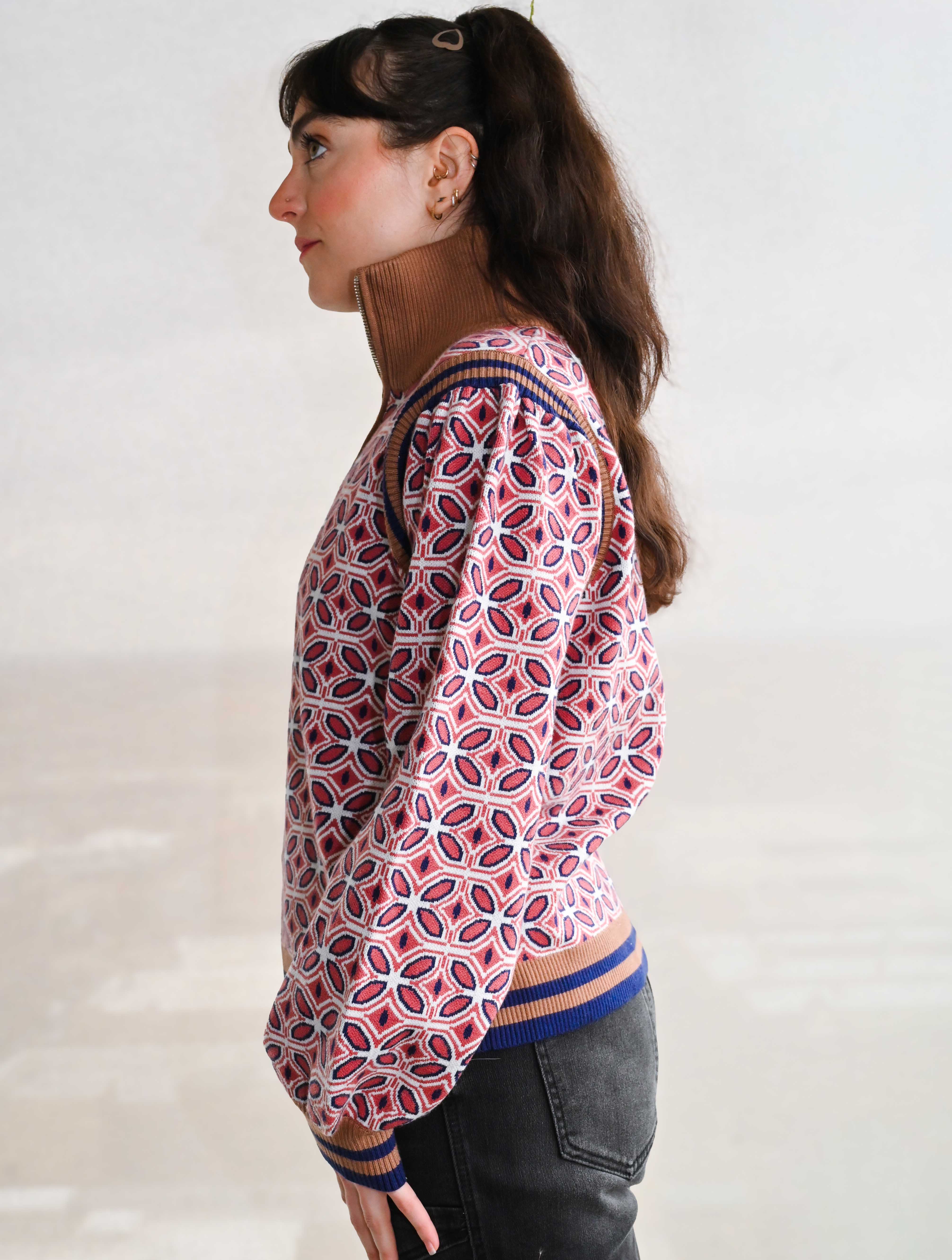 Zippered High Neck Striped Rib Band Sweater