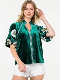 Embroidered Detail Velvet Puff Sleeve Top