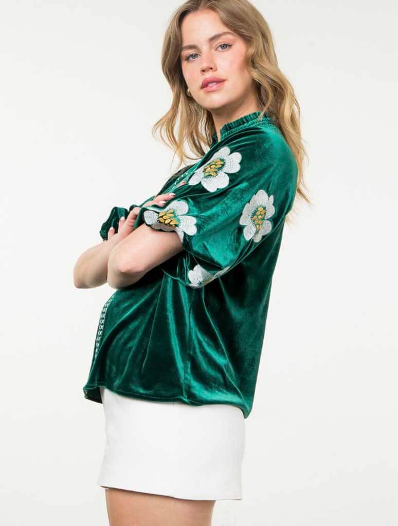 Embroidered Detail Velvet Puff Sleeve Top