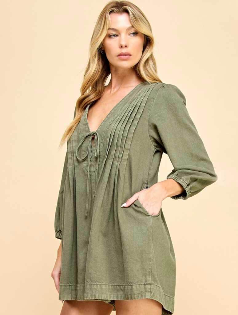 V-Neck Puff Sleeve Denim Romper