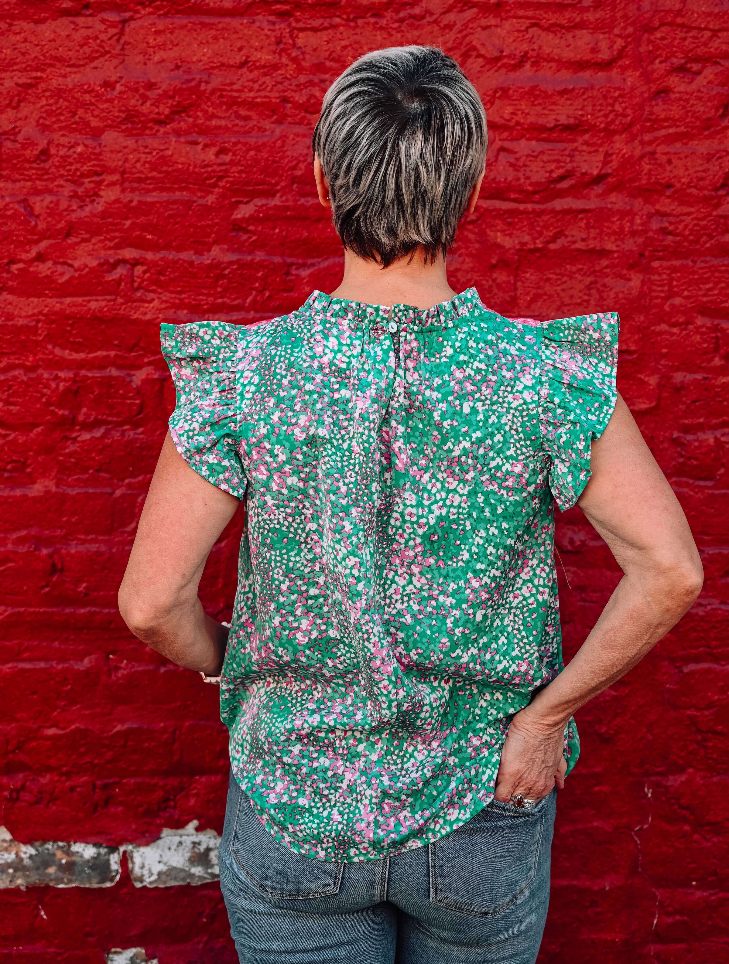 Embroidered Front Yoke Ruffle Print Top in Green