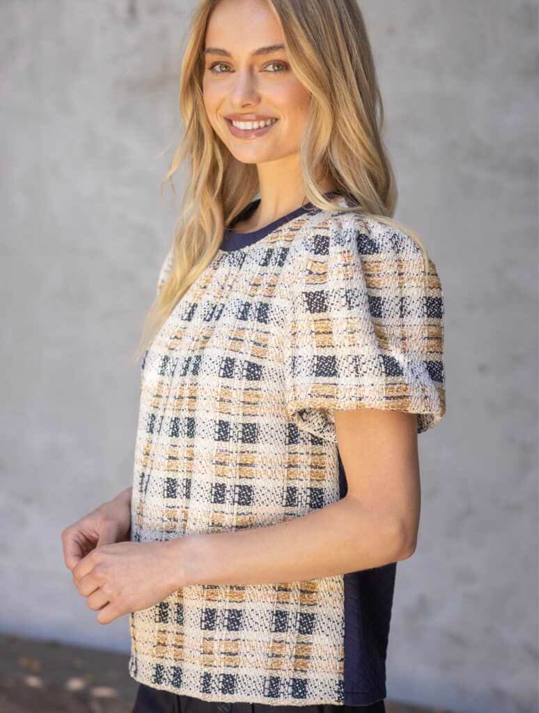 Tweed Bubble Sleeve Contrast Back Top