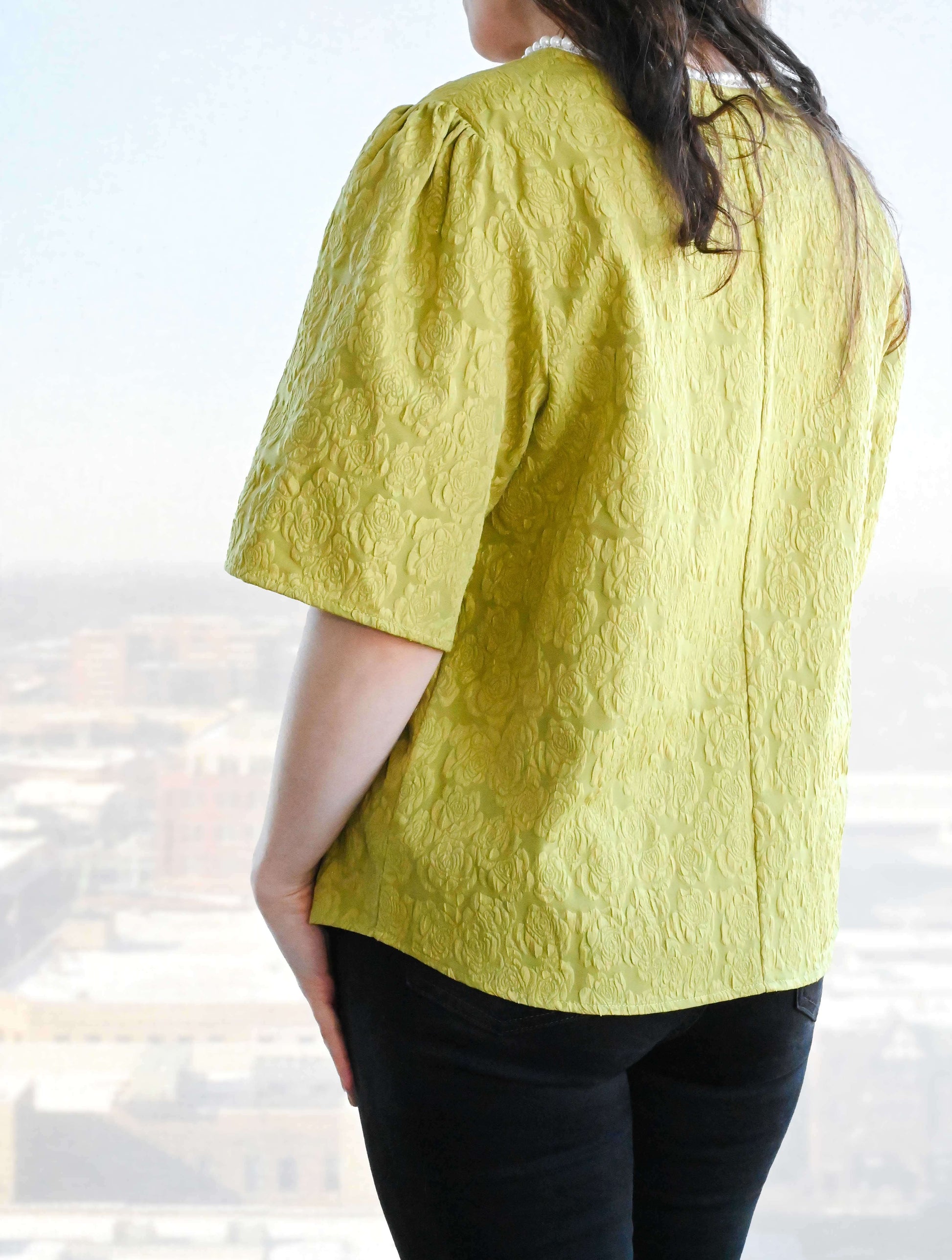 Pearl Collared V-Neck Floral Textured Top