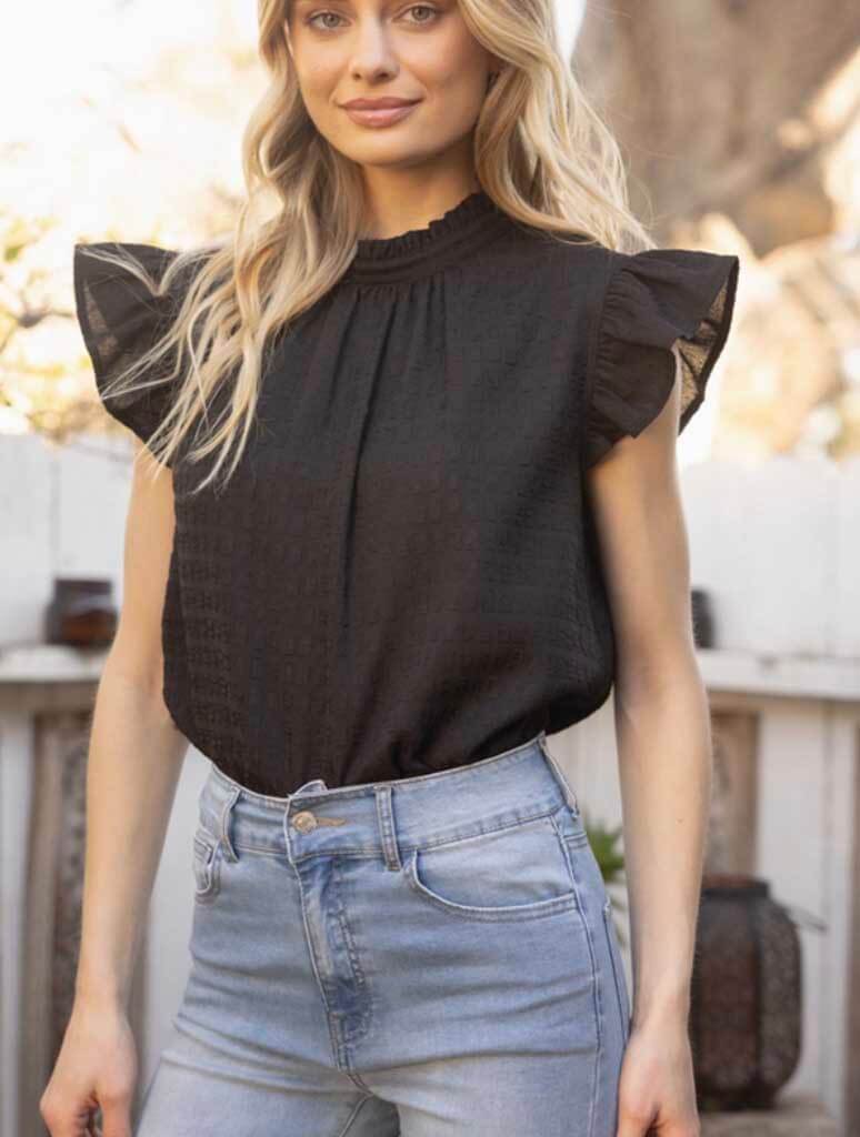 Ruffle Sleeve Tie Back Textured Top in Black