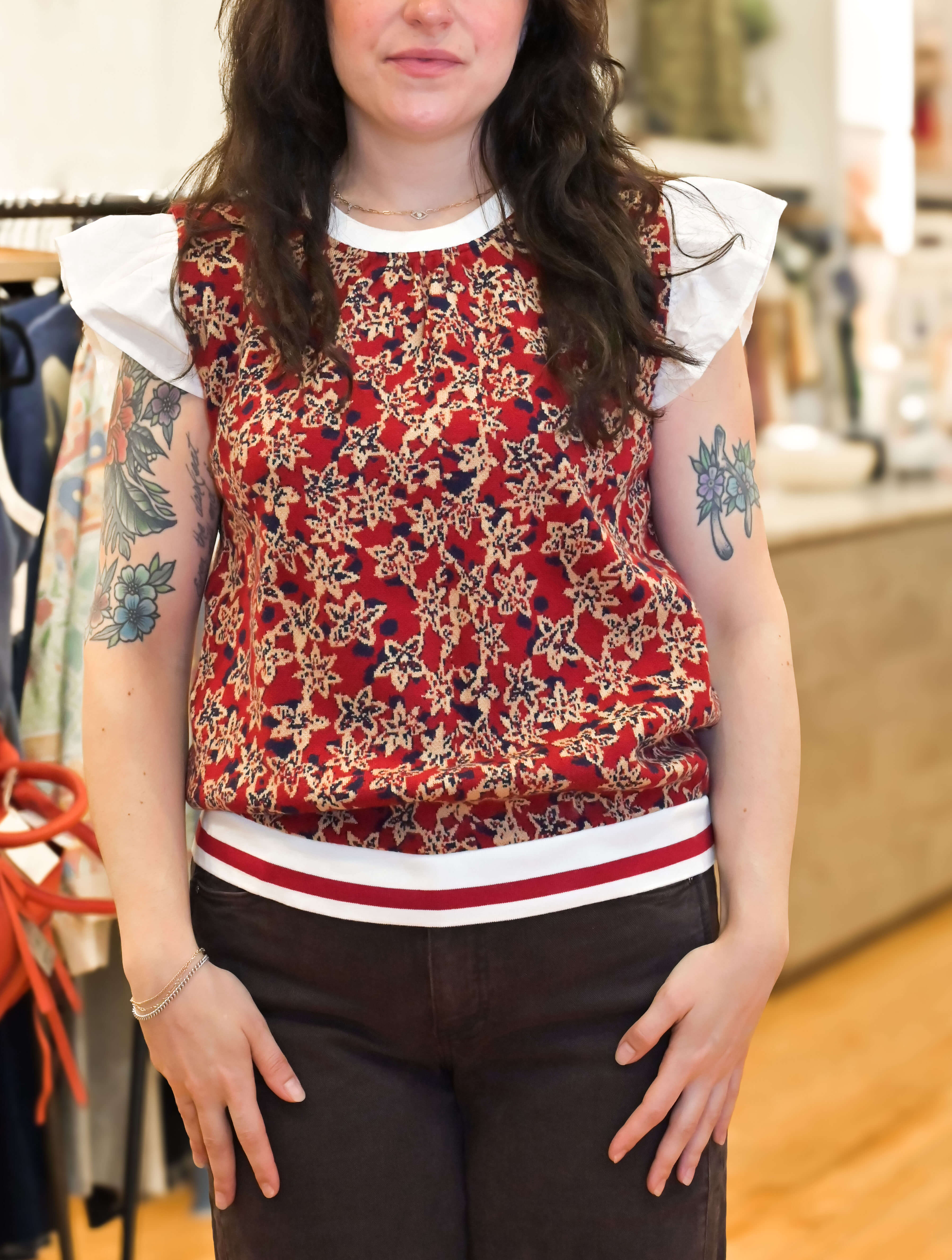 Contrast Ruffle Sleeve Floral Printed Knit Top