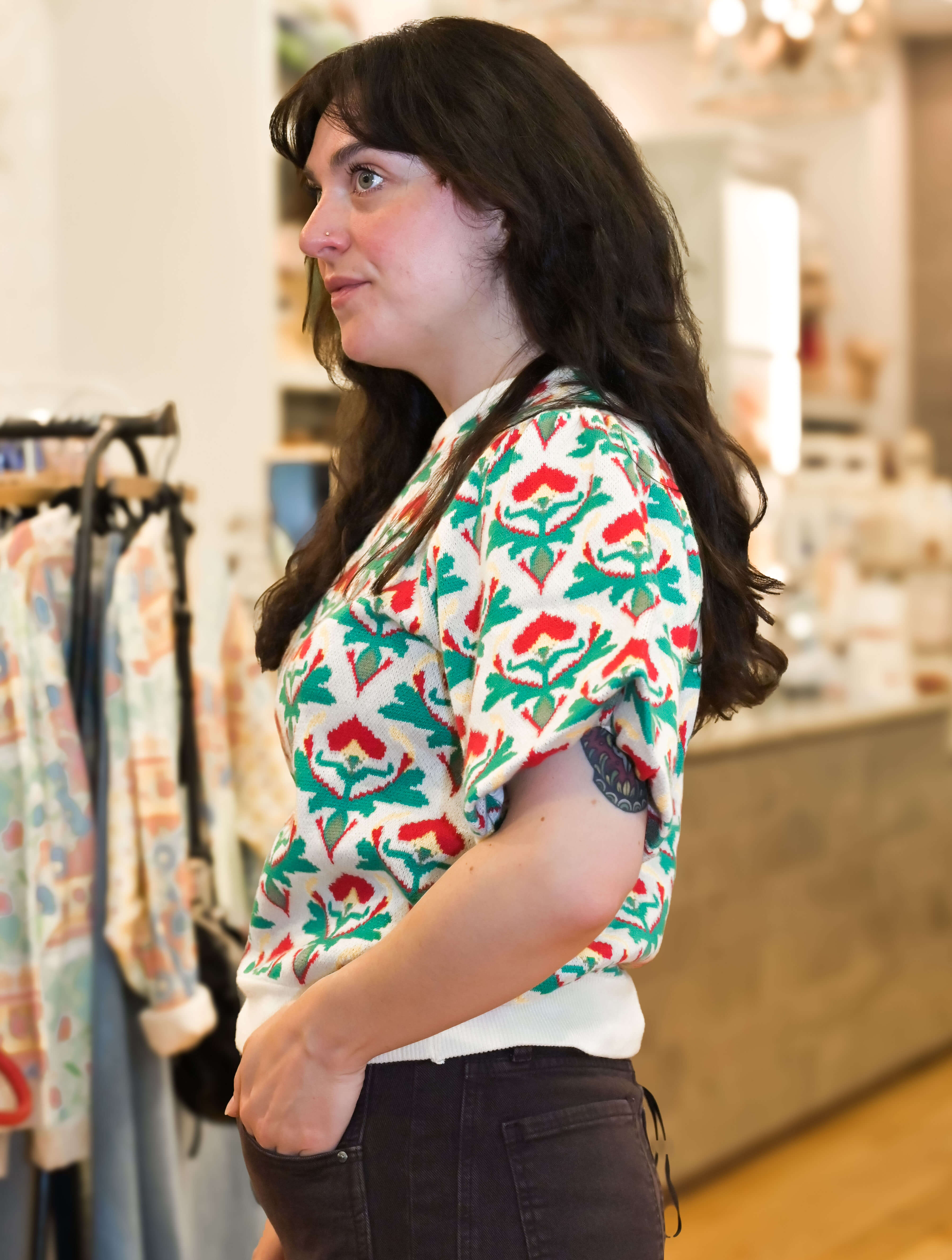 Short Bubble Sleeve Folk Floral Knit Top