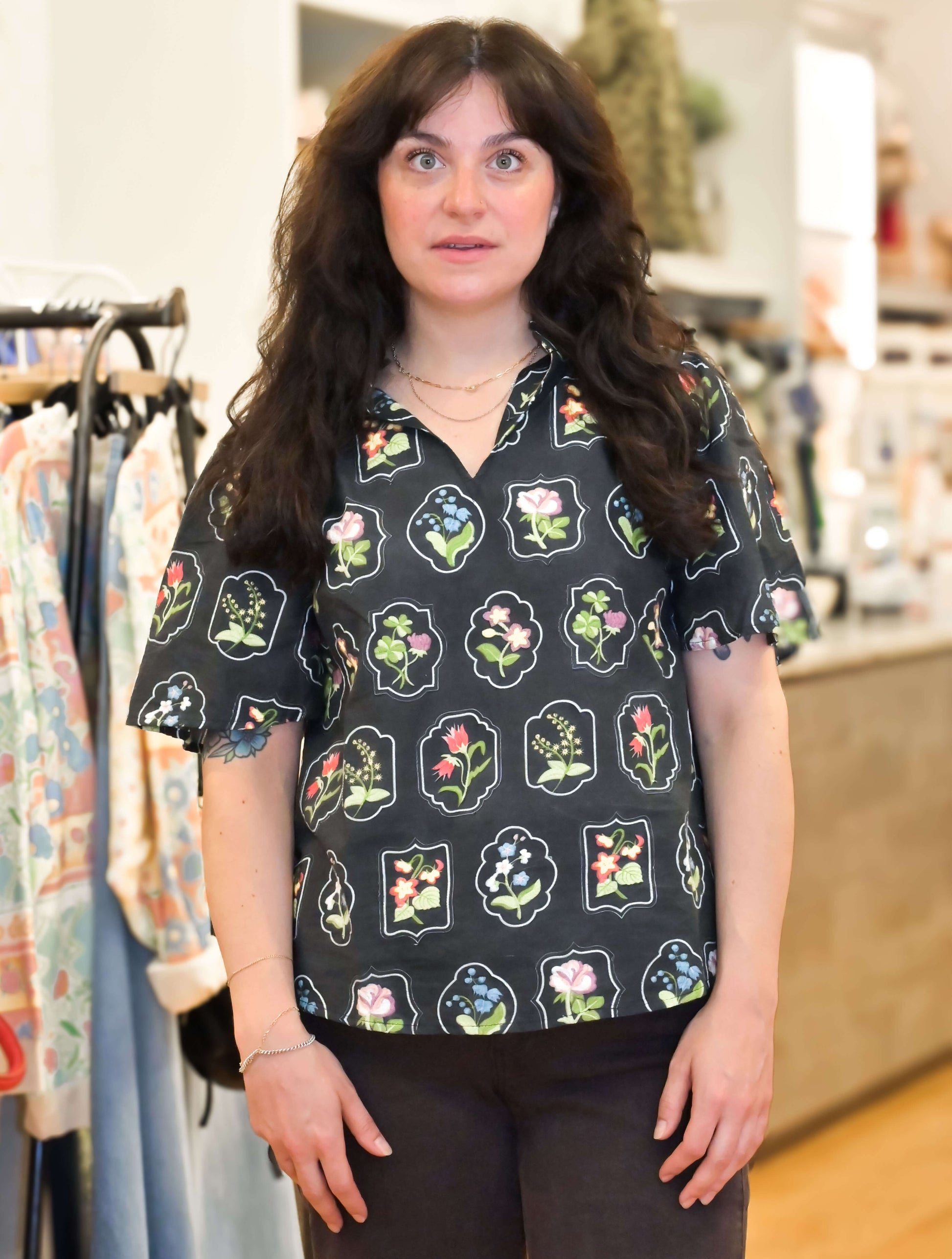 Framed Floral Embroidered V-Neck Top