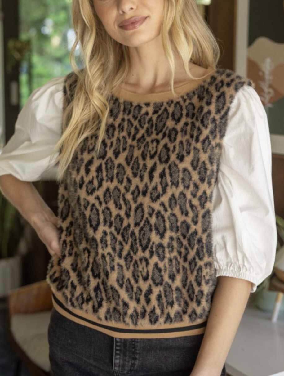 Leopard Fur Contrast Sleeve Top