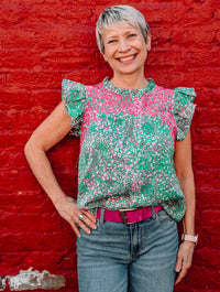 Embroidered Front Yoke Ruffle Print Top in Green