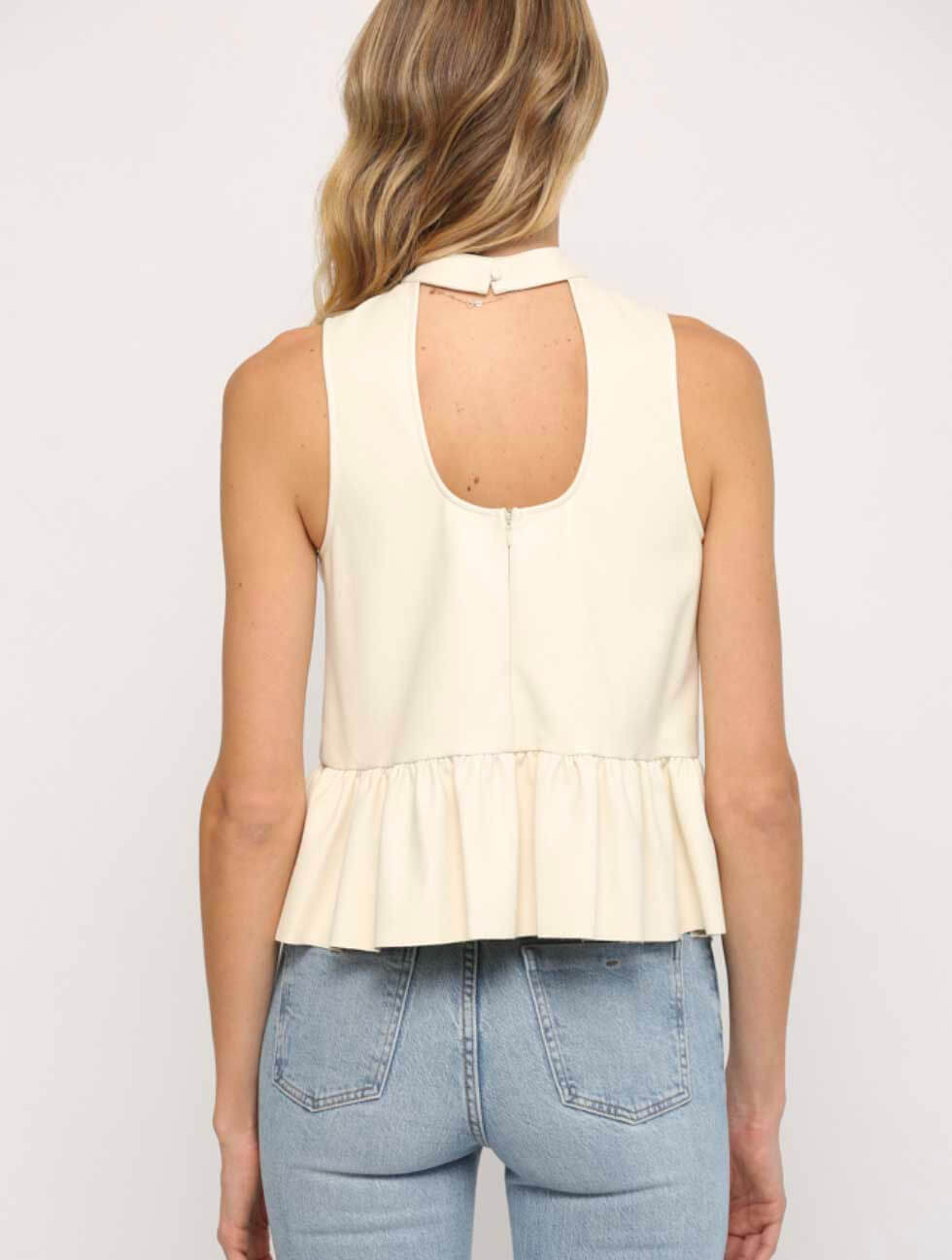 Faux Leather Halter Neck Peplum Top in Ecru