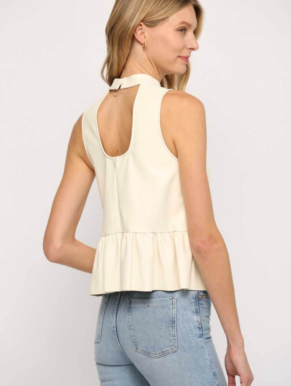 Faux Leather Halter Neck Peplum Top in Ecru